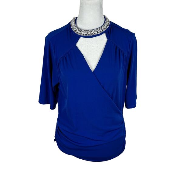 NEW Moa Moa Formal Rhinestone Neck Top Short Sleeve Large Elegant Party Stretch - Picture 1 of 6